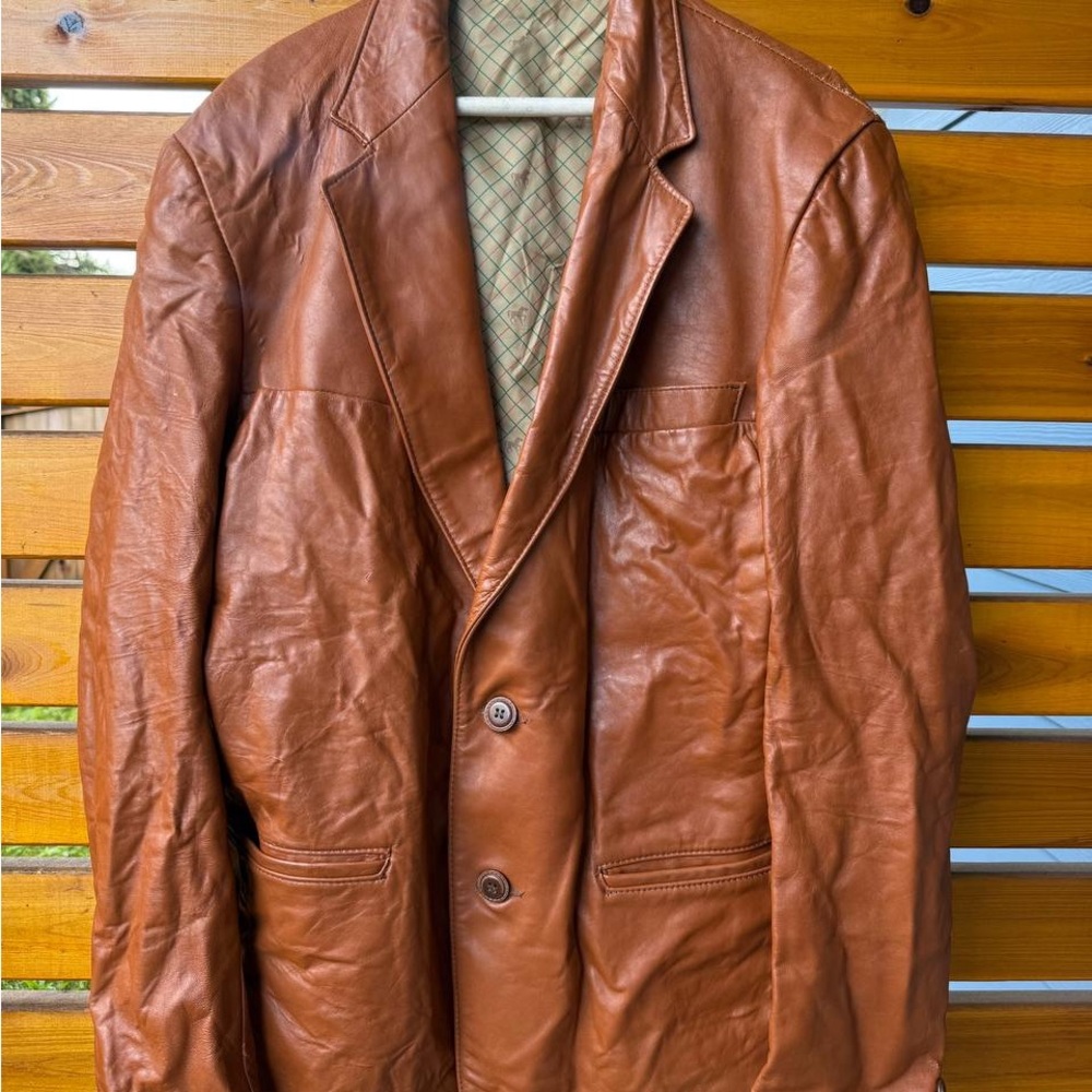 Clipper Mist Men’s Leather Blazer 40 Tall Brown 3-Button Sport Coat